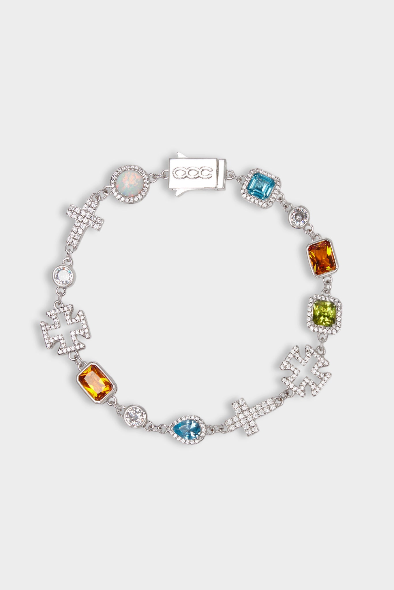 Multi Gemstone & Cross Bracelet - White - 10mm